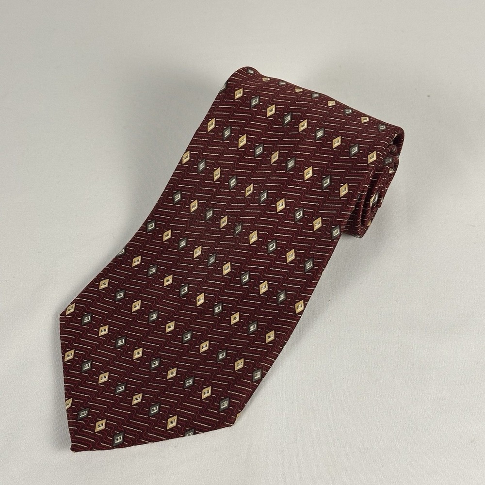 Ketch Polyester Tie Vintage Red Silver Gold Diamond Geometric 4" W 58.5" L